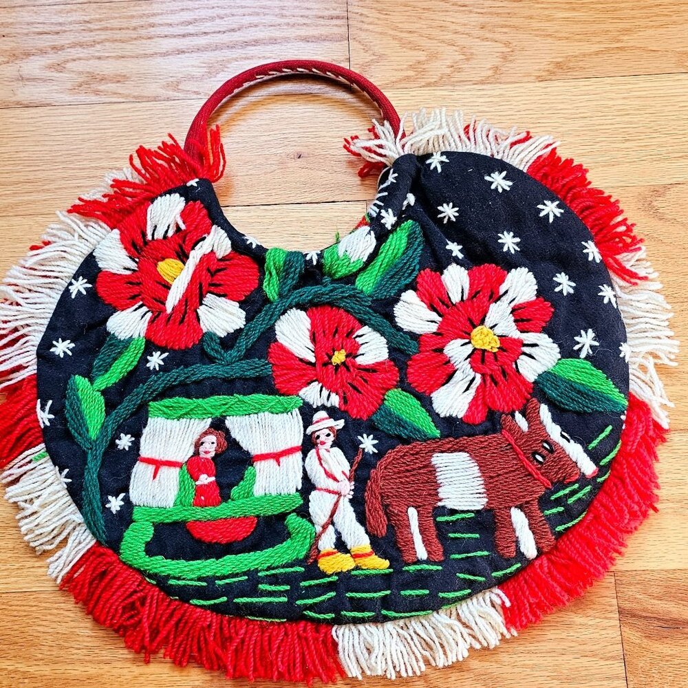 Handcrafted  Madeira Portugal Floral Embroidered Crewel Wool Tote Handbag Purse